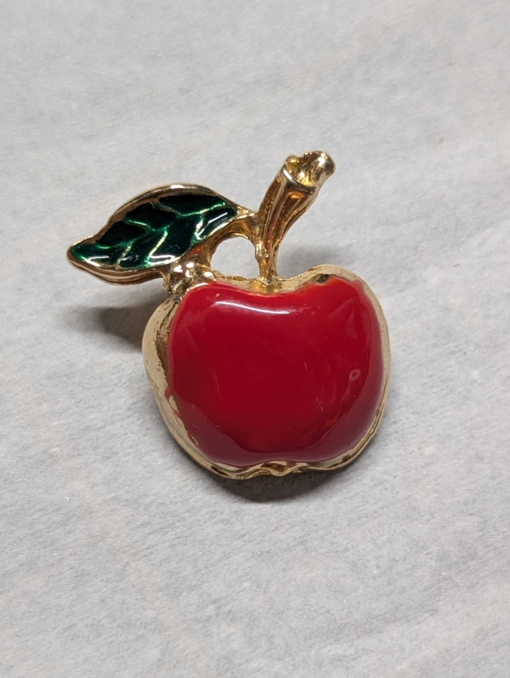 Gold-Tone Red Apple Enamel Brooch with Green Leaf Vintage Pin